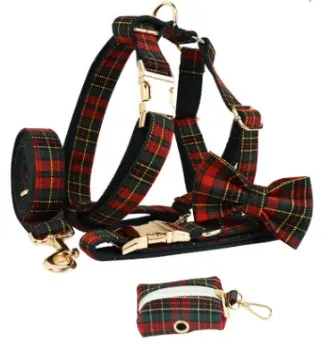 Christmas Pet Collar Plaid With Green Background Dog Rope Leash Suit Set Of Five - Shop at LoveMi