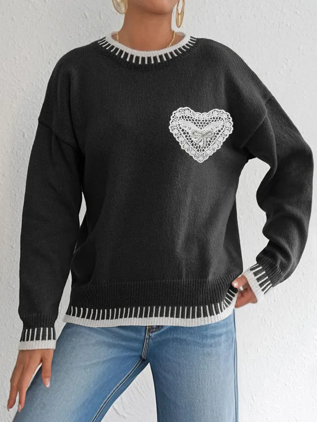 Women's Color Contrast Patchwork Pullover Loose Sweater Black - Shop at LoveMi