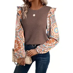 Women's Fashionable Floral Sleeve Chiffon Sweater - Brown - View 1