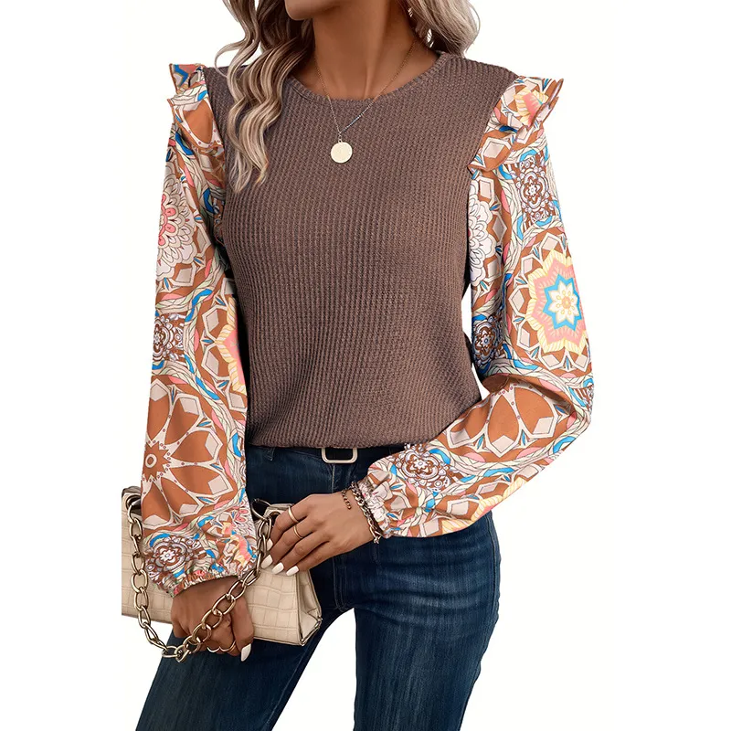 Women's Fashionable Floral Sleeve Chiffon Sweater - Brown
