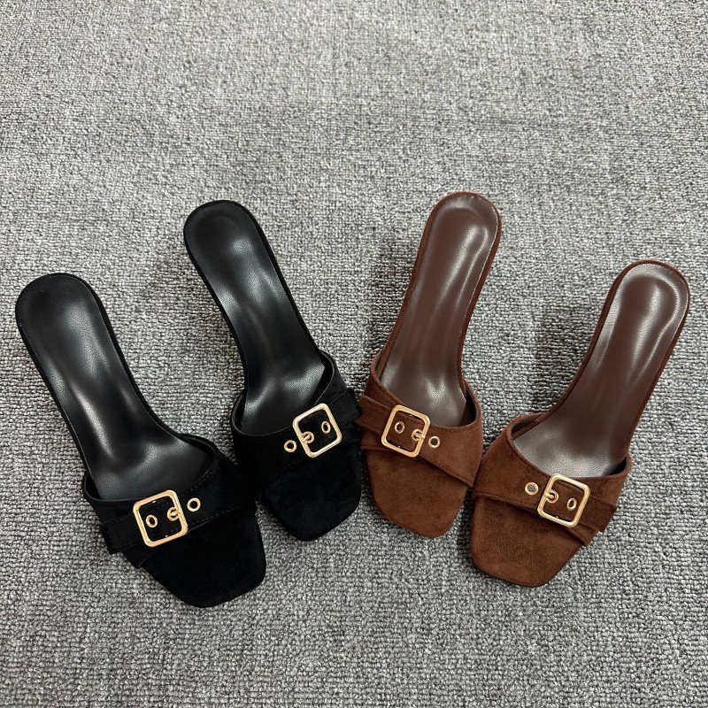 Womens Summer New Arrival French-Style Square-Toe Metal-Clasp Slippers