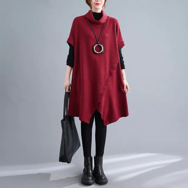 Thick Solid Color Casual Slimming High Collar Short Sleeve Easy To Match Irregular Dress Red - Shop at LoveMi