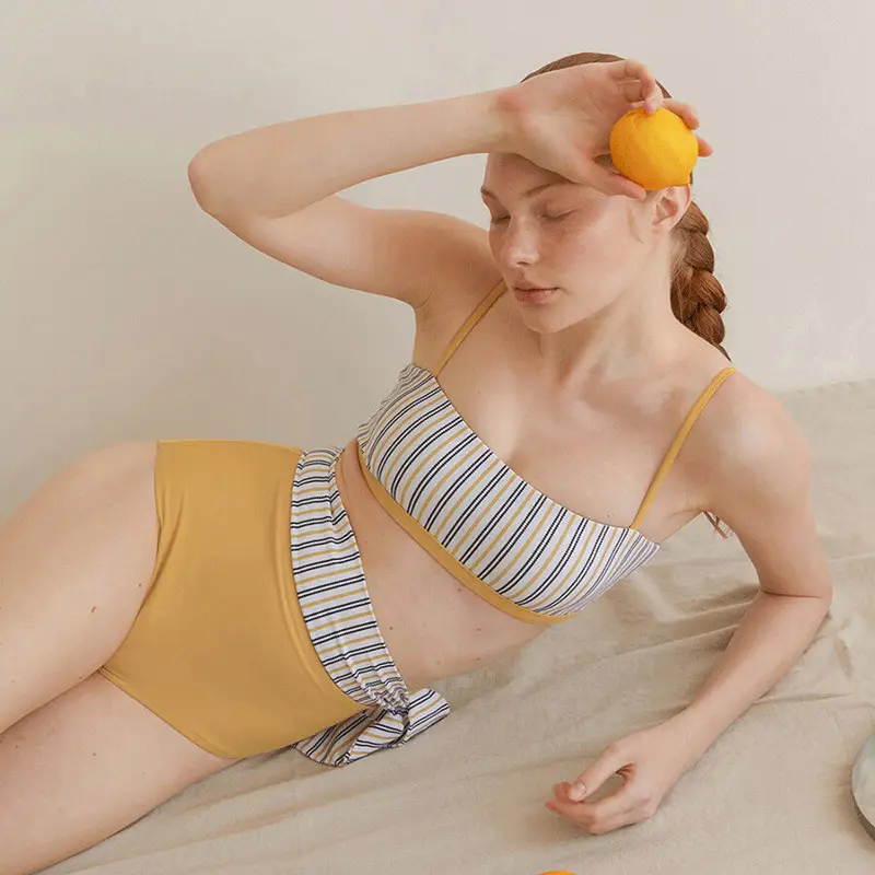 Split High Waist Swimsuit Contrast Color Striped Swimsuit