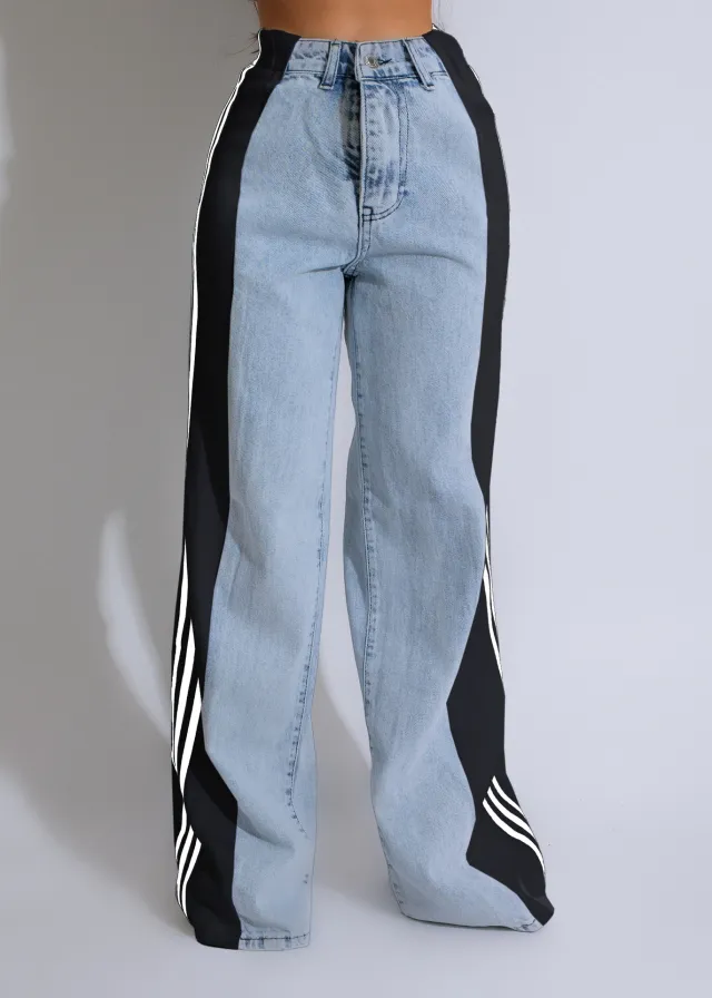 Summer Fashion Stitching Three Striped Wide Leg Denim Trousers For Women Light Blue Denim Black G0668 - Shop at LoveMi