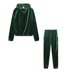 Solid Color Gold Velvet Hooded Long Sleeve Casual Suit - Green - View 1