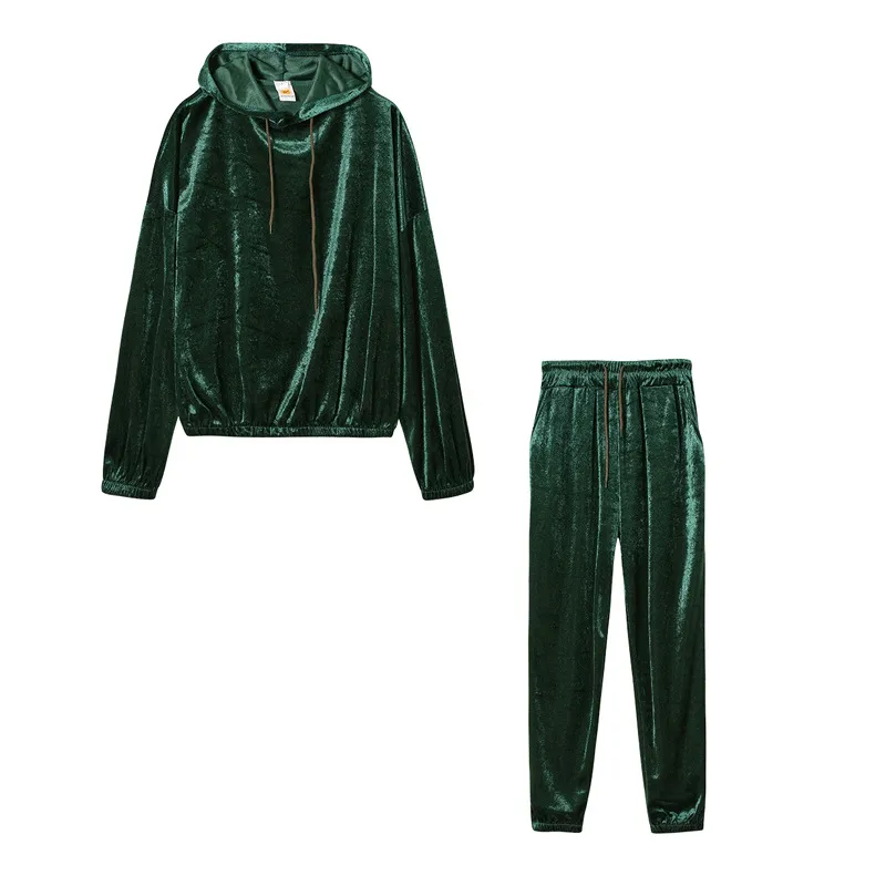 Solid Color Gold Velvet Hooded Long Sleeve Casual Suit - Green