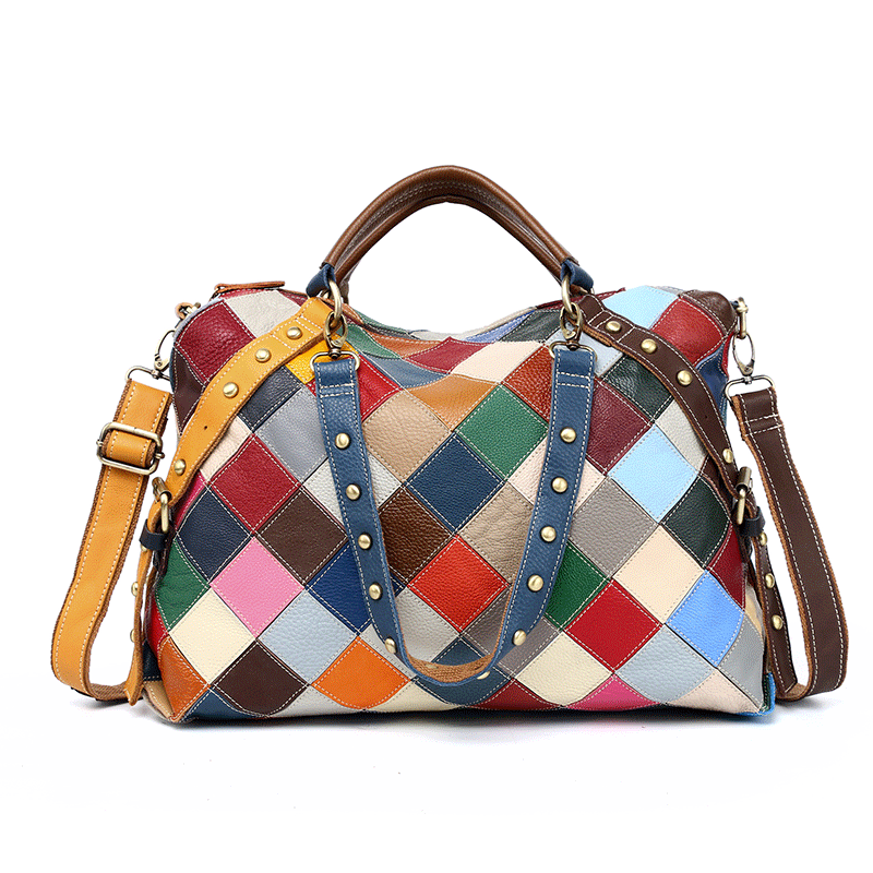 Plaid Retro Colorful Patchwork Leather Fashion