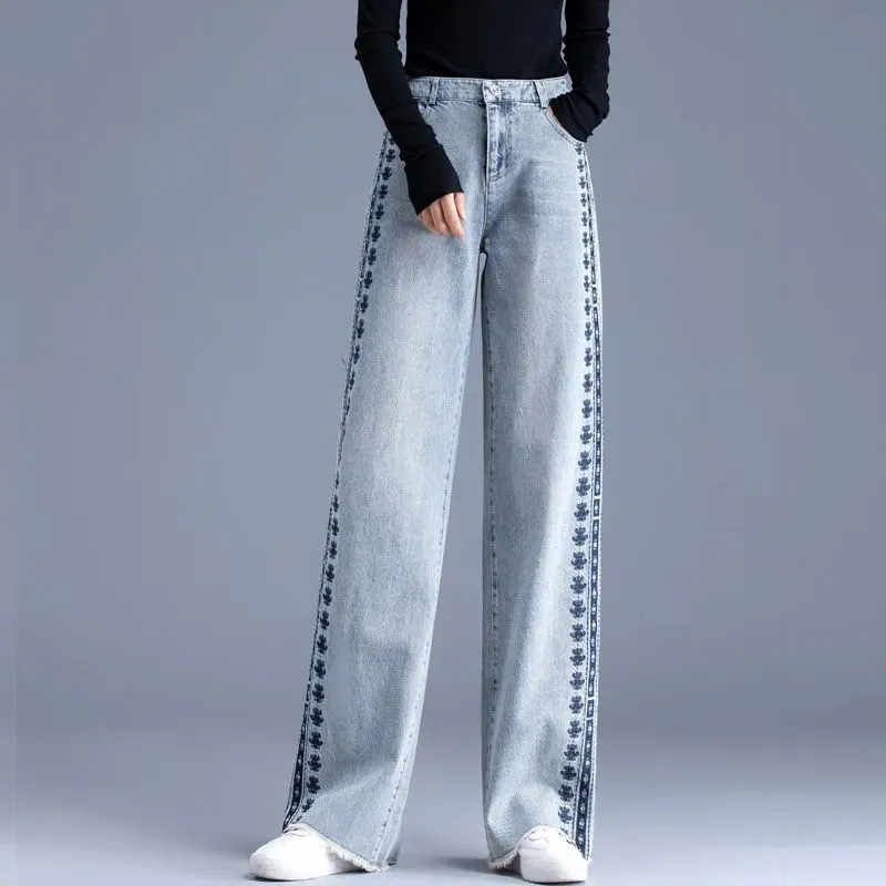 Women's Jeans High Waist Nostalgic Embroidered Loose - Nostalgic Wide Leg