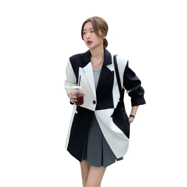 Color Matching Suit Jacket Female Loose Design Niche Small sized Black - Shop at LoveMi