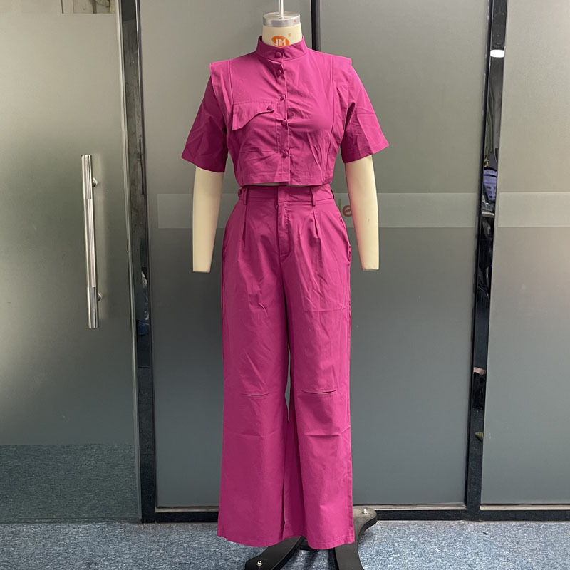 Casual Short-sleeved Top Ripped Wide-legged Trousers Two-piece Set