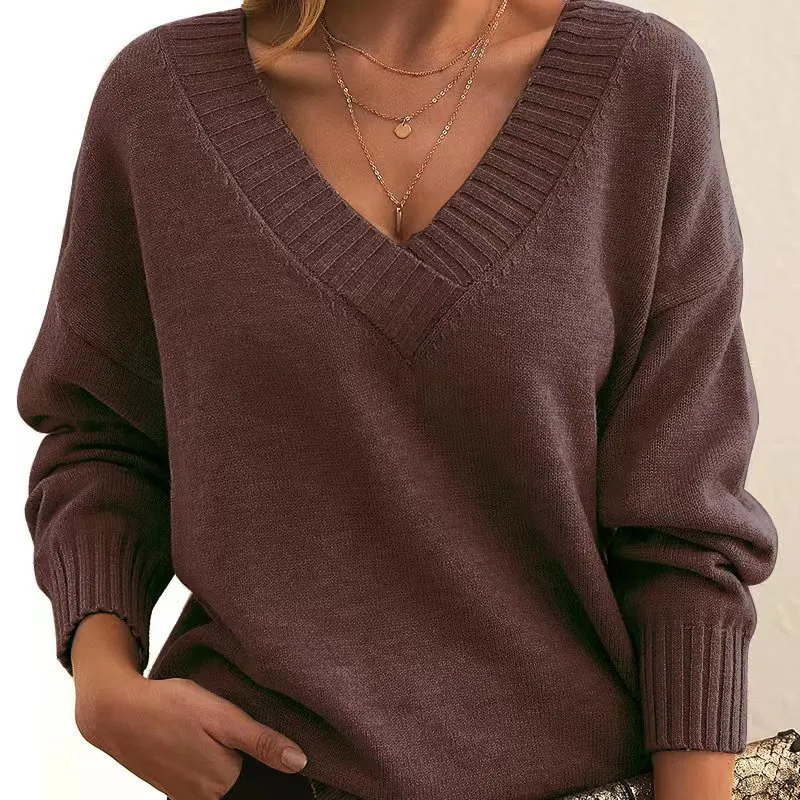 Solid V-neck Sweater Fashion Loose Long-sleeved Knitted Tops Autumn And Winter Women's Clothing - 7048 Coffee