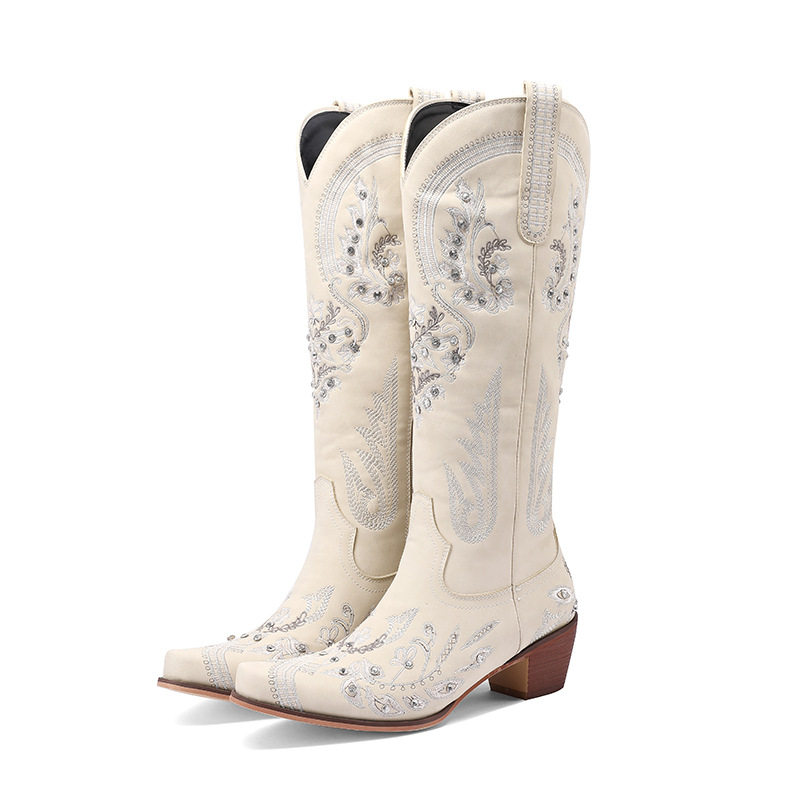 Embroidered Rhinestone Chunky High-Heel Boots, picture 5 of 8