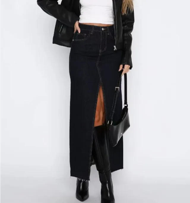 European And American Style Women's Clothing High Waist Slit Design Denim Skirt Black - Shop at LoveMi