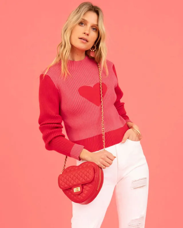 Heart Peach Round Neck Pullover Knitted Sweater Red - Shop at LoveMi