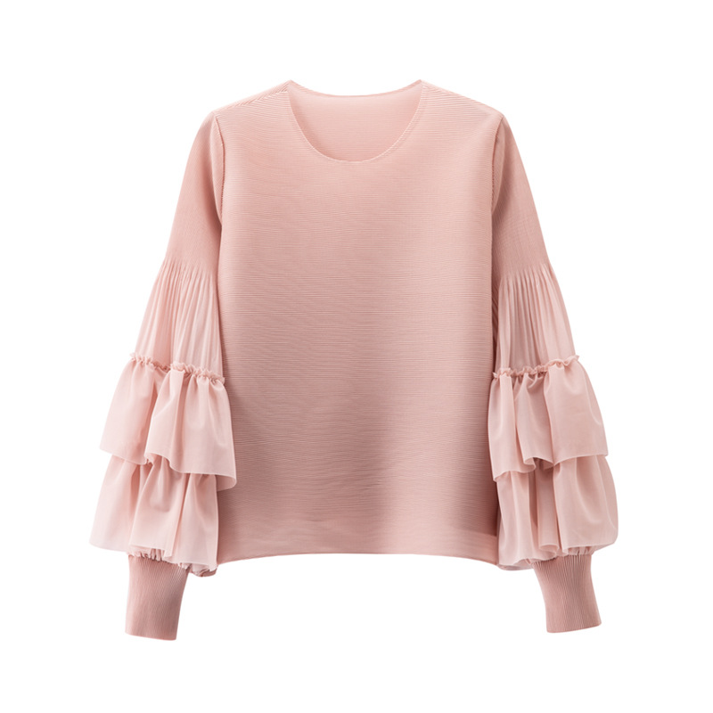 Versatile Ruffled Blouse With Puff Sleeves And A Round Neckline