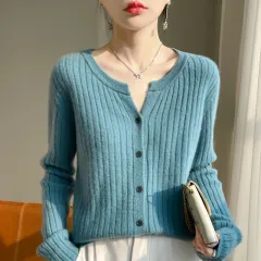 Round Neck Slim-fit Short Striped Solid Colour Knitted Cardigan Jacket - Lake Blue - View 1