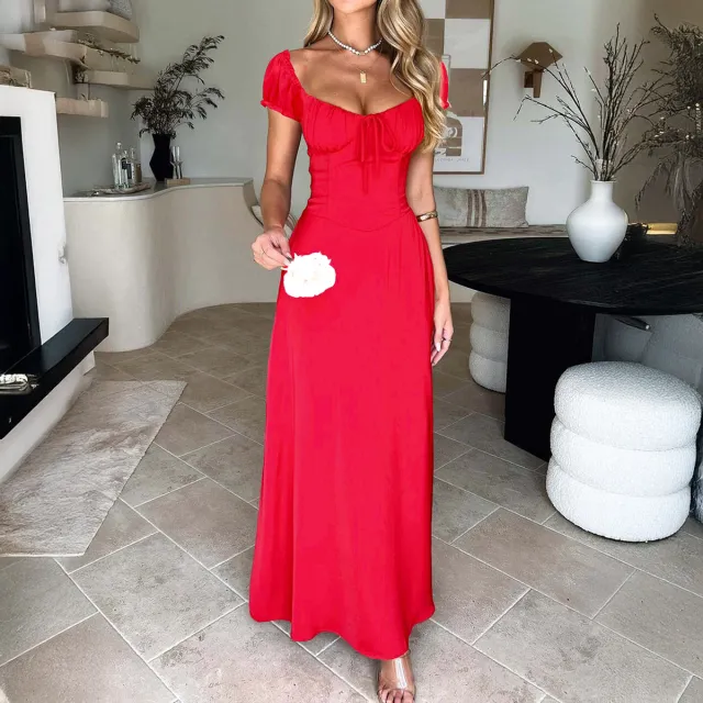 Elegant Pure Color Tied Pleating Puff Sleeve French Dress Red - Shop at LoveMi