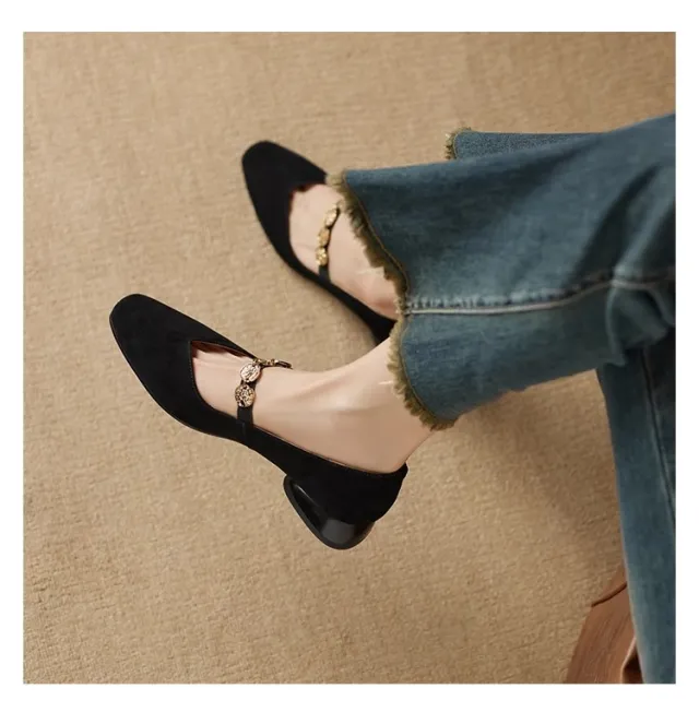 French Retro Square Toe Low cut Suede Pumps Women's Autumn New Black - Shop at LoveMi