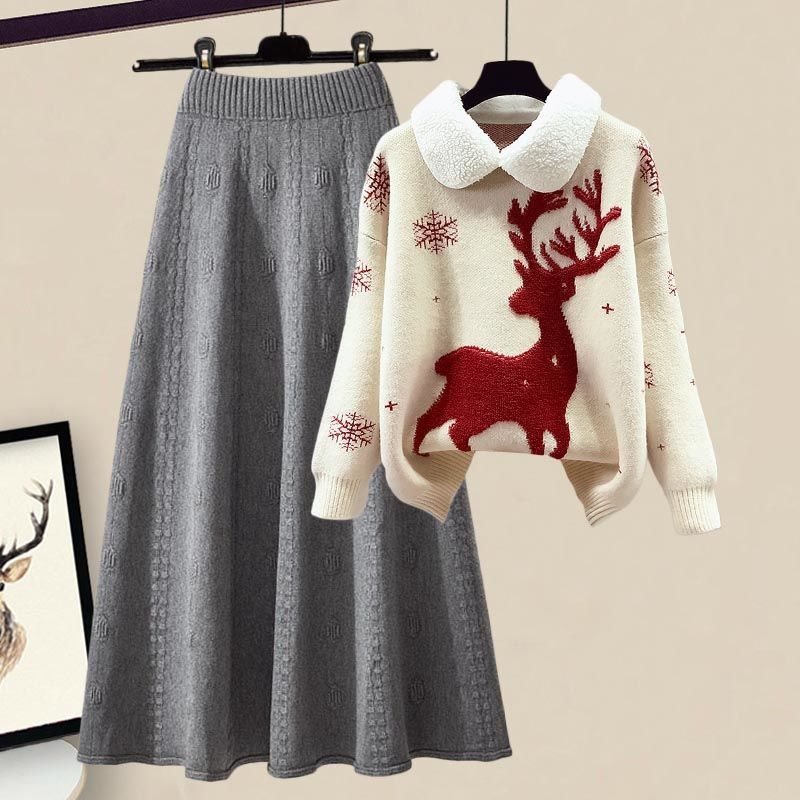 Slimming All-matching Knitted Sweater Skirt Two-piece Set