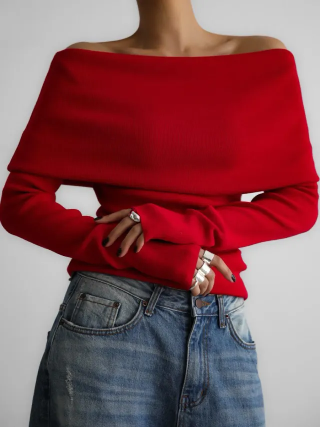 Long Sleeve Knitted Bottoming Shirt Off shoulder Red - Shop at LoveMi