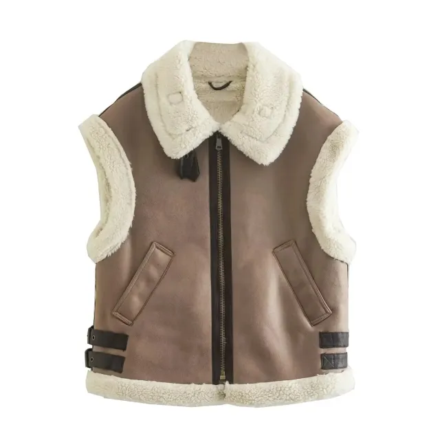 Women's Fur One piece Fleece Stitching Sleeveless Cotton Coat Vest Brown - Shop at LoveMi