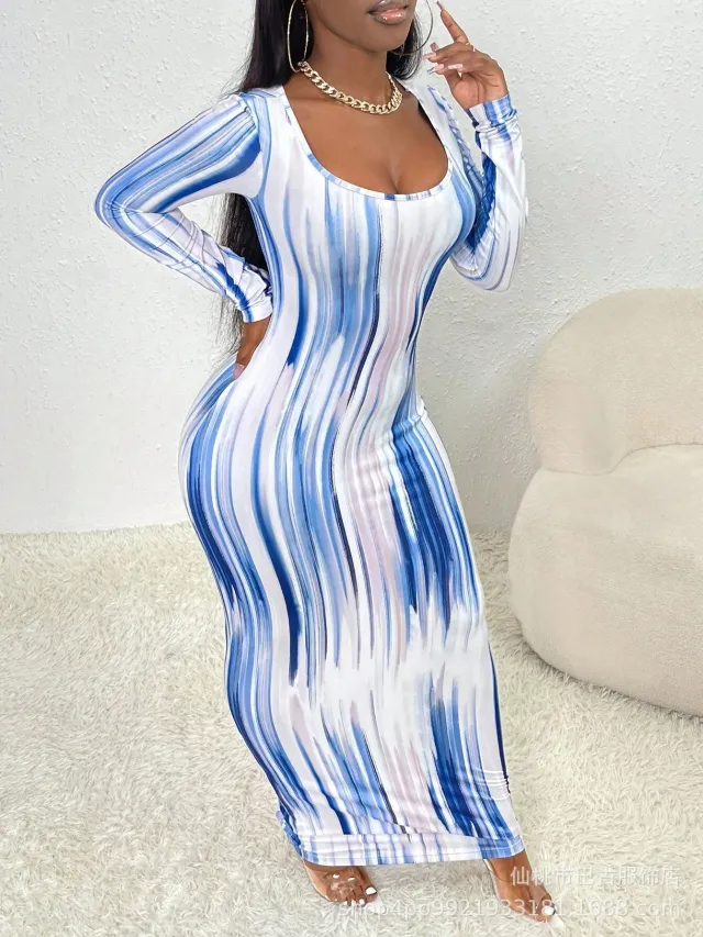 Printing Temperament Commute Long Sleeve Dress Foreign Trade White And Blue - Shop at LoveMi