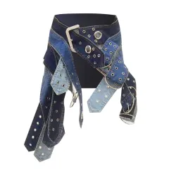 Washed Japanese Buckle Belt Mini Low Waist Denim Skirt - View 1