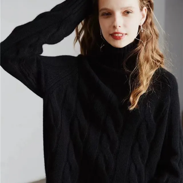 Women's High Neck Thickened Idle Style Pullover Cable knit Sweater Black - Shop at LoveMi