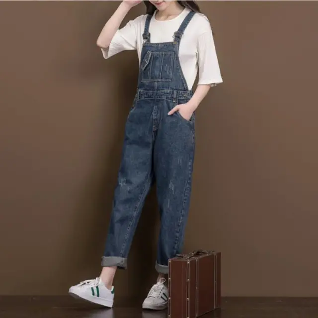 Artistic Washed Denim Cotton Suspender Pants Student Female Blue - Shop at LoveMi