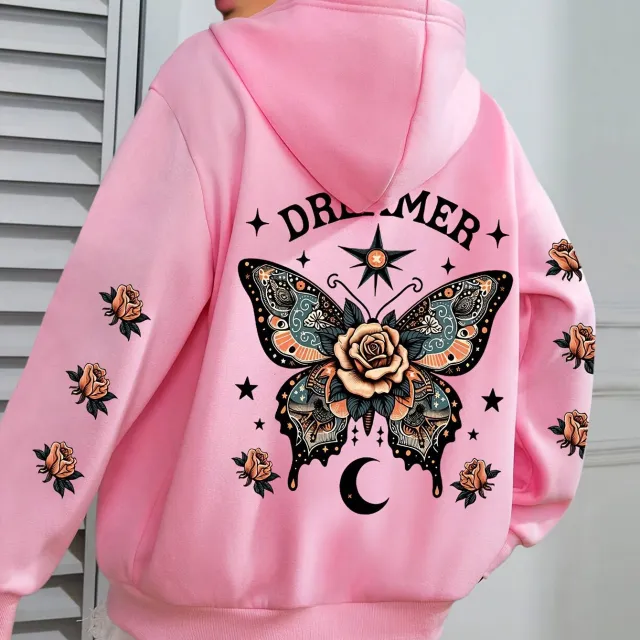 Letter Print Hoodie Casual Drawstring Pink - Shop at LoveMi