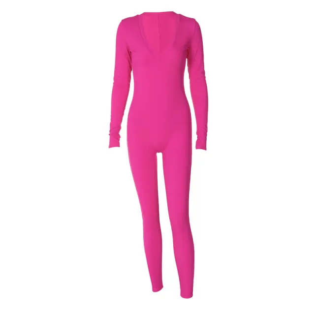 Solid Color Slim Fit Sports Long Sleeve Jumpsuit Red - Shop at LoveMi