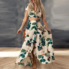 Summer Beach Style Plant Printed V-neck Short Sleeve Top High Waist Skirt - Plant Print-3Xl - View 1
