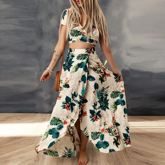Summer Beach Style Plant Printed V neck Short Sleeve Top High Waist Skirt Plant Print - Shop at LoveMi