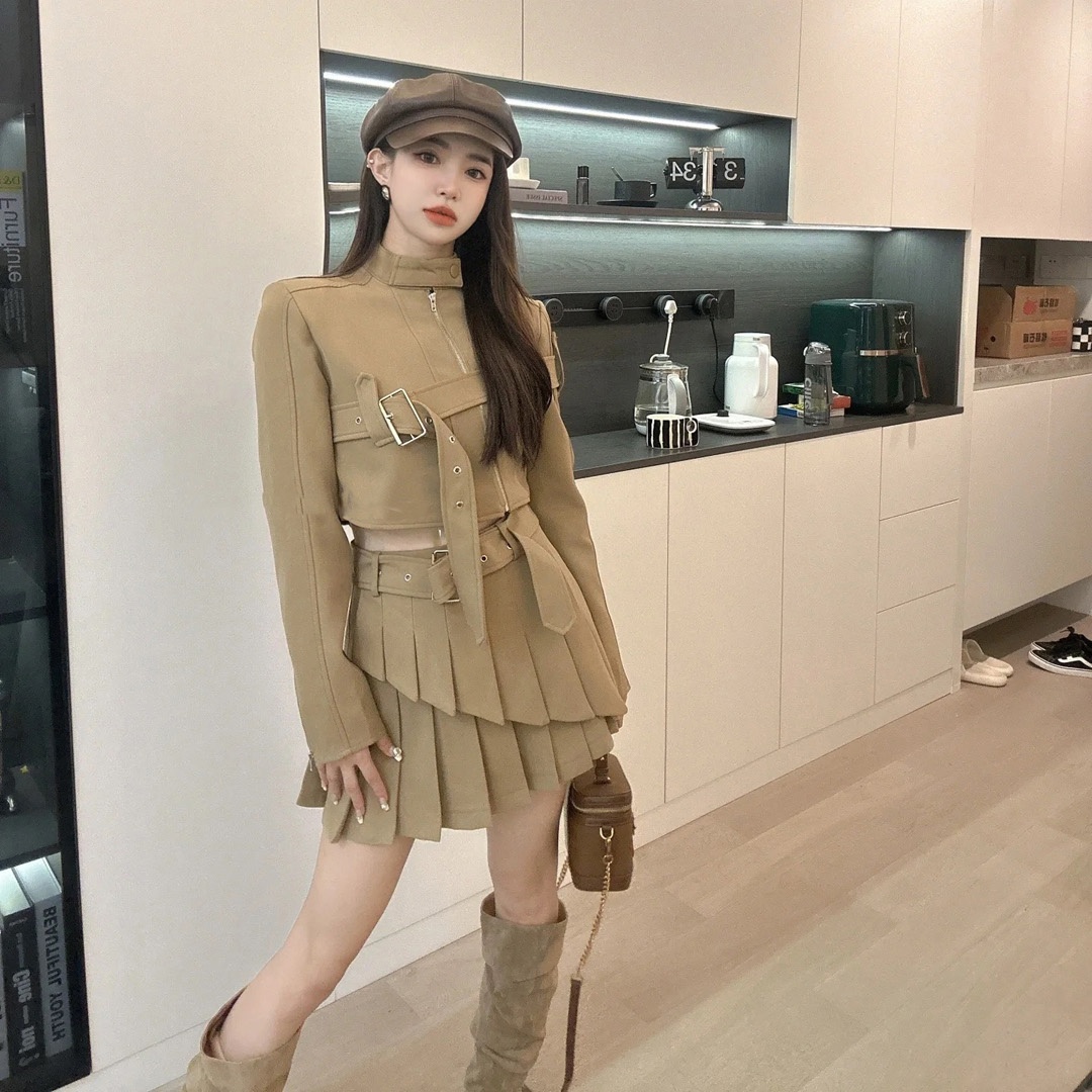 Women's Oblique Zipper Lace up Cutout Pleated Skirt Suit Khaki - Shop at LoveMi