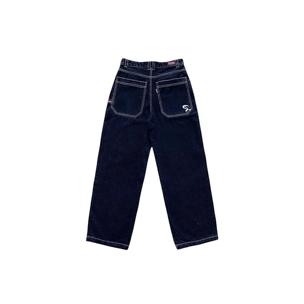 Retro Pocket Embroidered Versatile Loose Wide Leg High Street Casual Jeans - Over Dark Blue