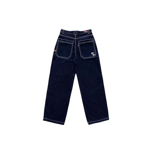 Retro Pocket Embroidered Versatile Loose Wide Leg High Street Casual Jeans Over Dark Blue - Shop at LoveMi