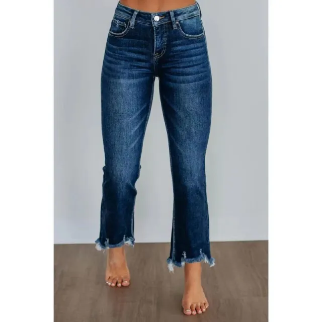 Solid Color Casual Women's Denim Pants Hand worn Dark Blue - Shop at LoveMi