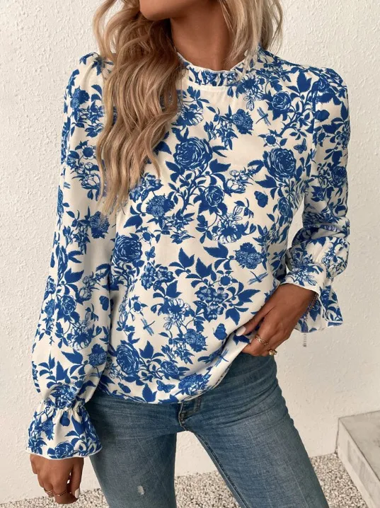 All matching Loose And Elegant French Printed Women's Shirt Blue And White - Shop at LoveMi