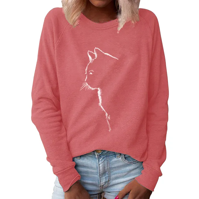 Cat Creative Printing Round Neck Long Sleeve Sweater For Women Pink - Shop at LoveMi