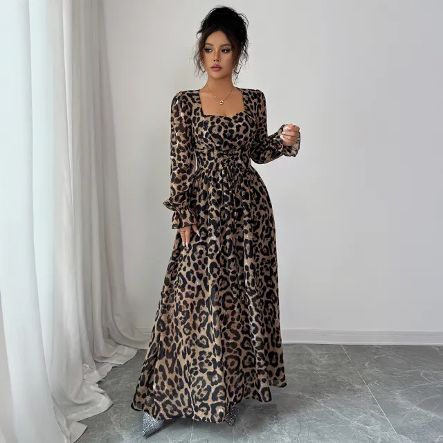 Leopard Print Long Sleeve Maxi Dress Women Leopard Color - Shop at LoveMi