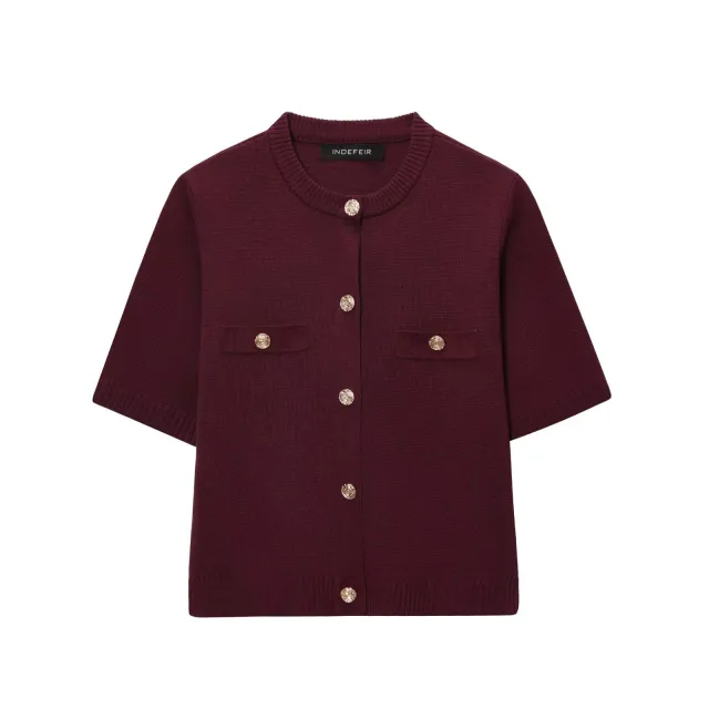 Polyester Women's Spring And Autumn Round Neck Knitted Cardigan Top Wine Red - Shop at LoveMi