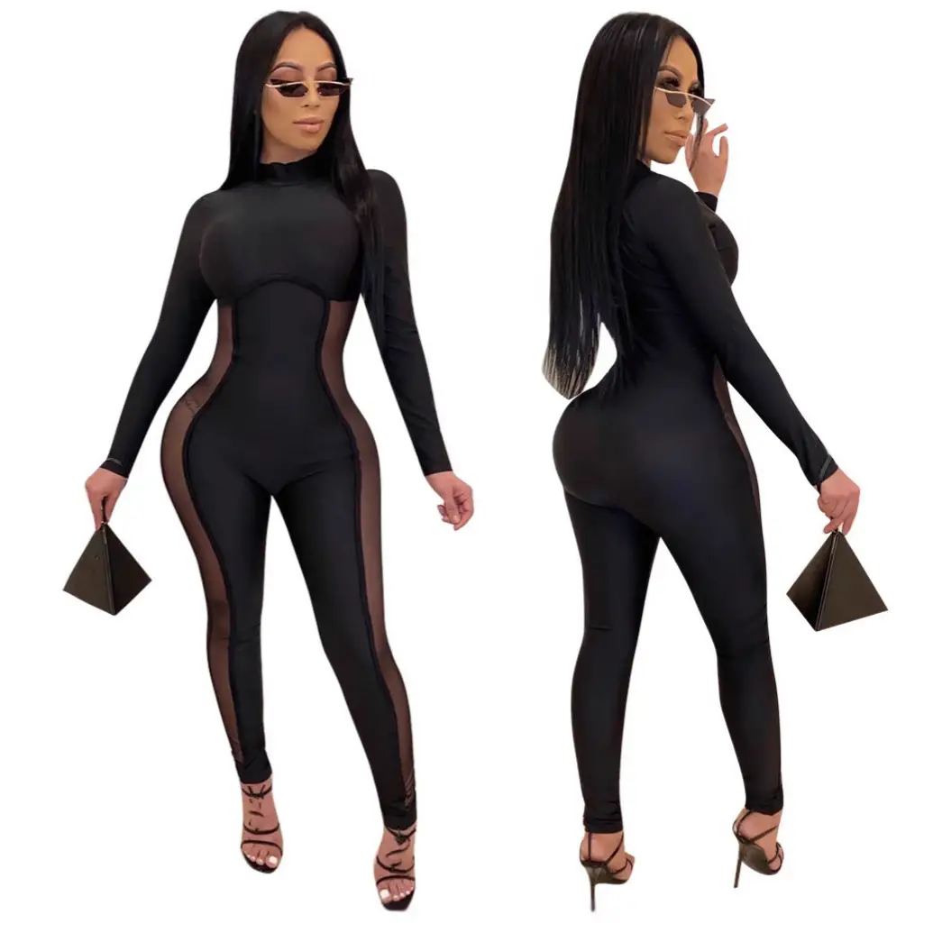 Mesh-panel Long-sleeve Long-leg Jumpsuit Sexy And Stylish