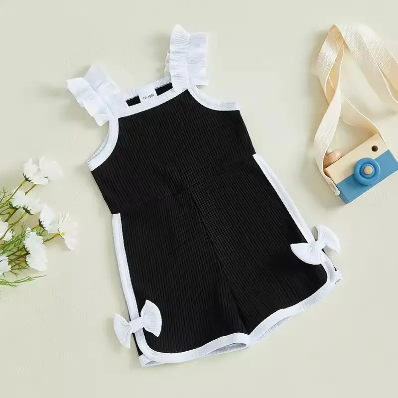 Flounced Sleeve Bowknot Candy Color Sports Casual Suspenders Jumpsuit Shorts