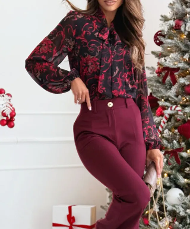 Women's Chiffon Printed Long sleeved Shirt Red - Shop at LoveMi