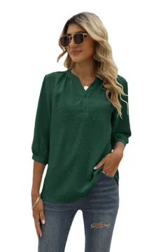 Women's Stand-up Collar Medium-sleeve Shirt Jacquard Fur Ball Casual Loose Top - Green - View 1