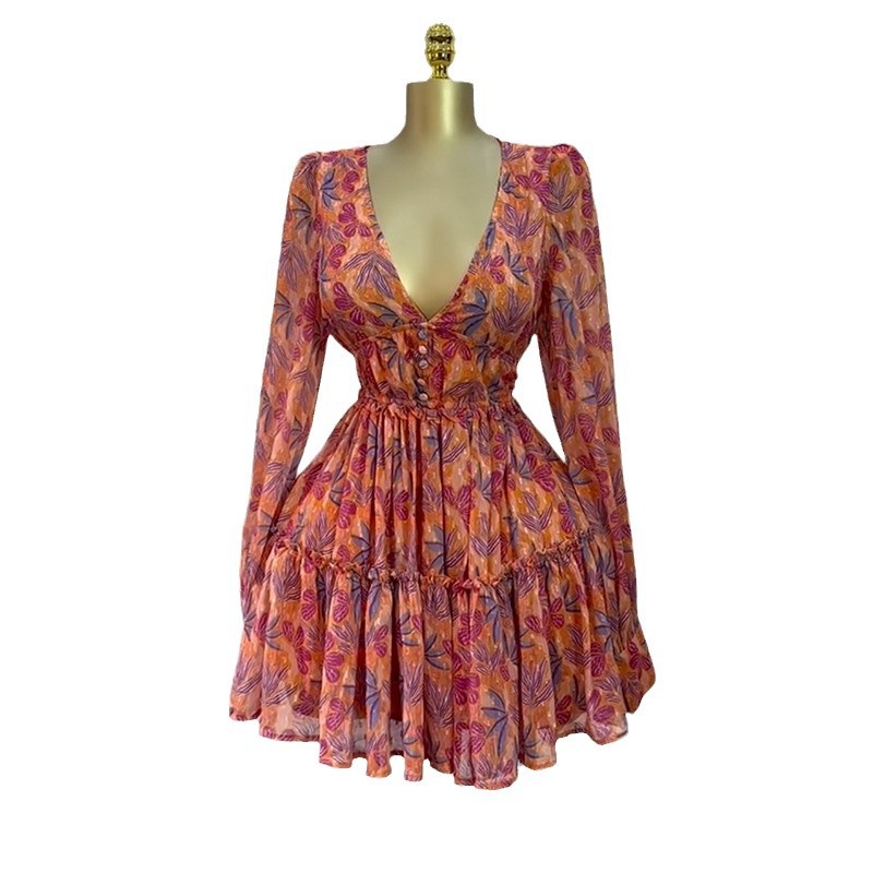Sweet Printed V-neck High Waist Slimming Dress