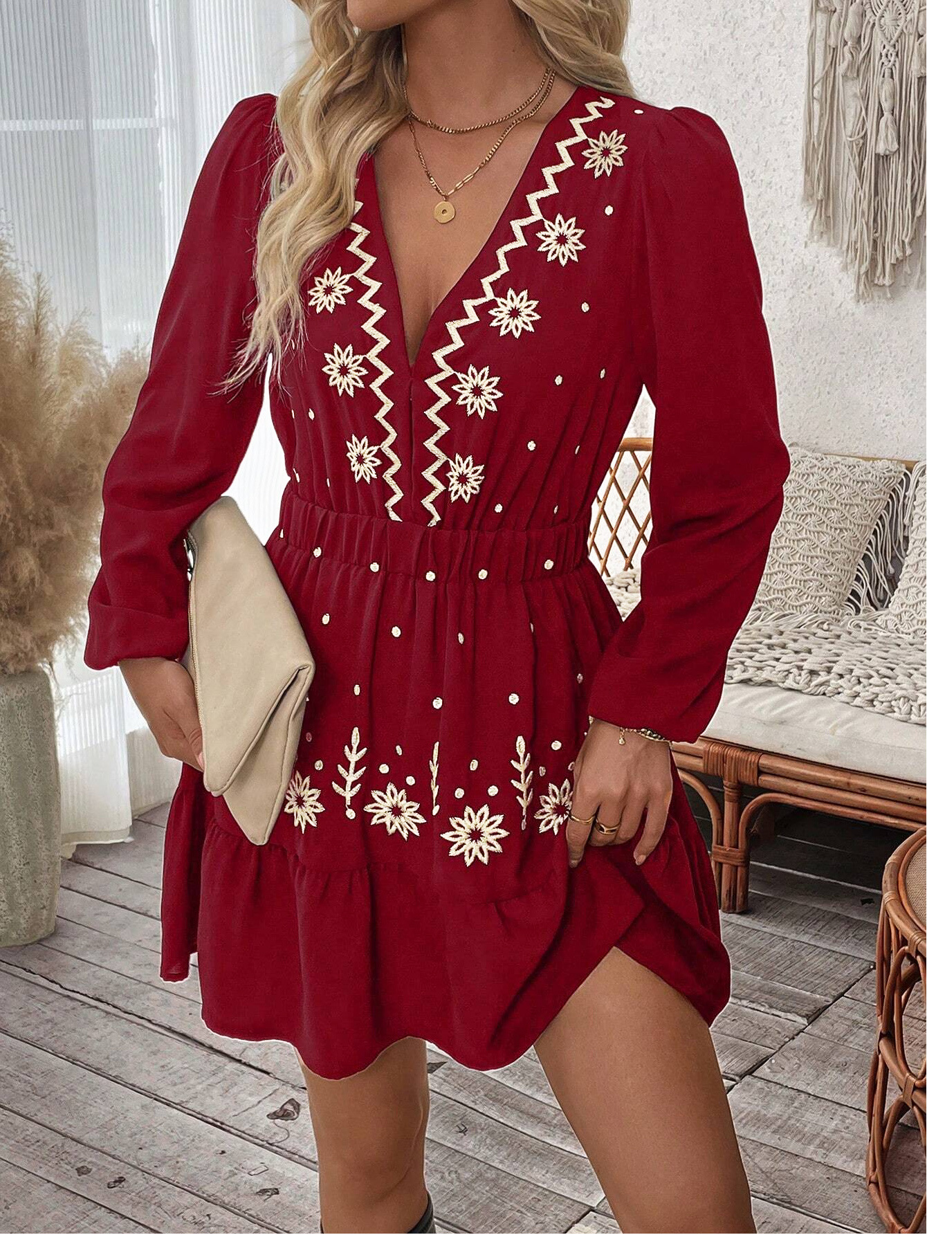 Embroidered Deep V-Neck Long-Sleeve European And American-Style Dress