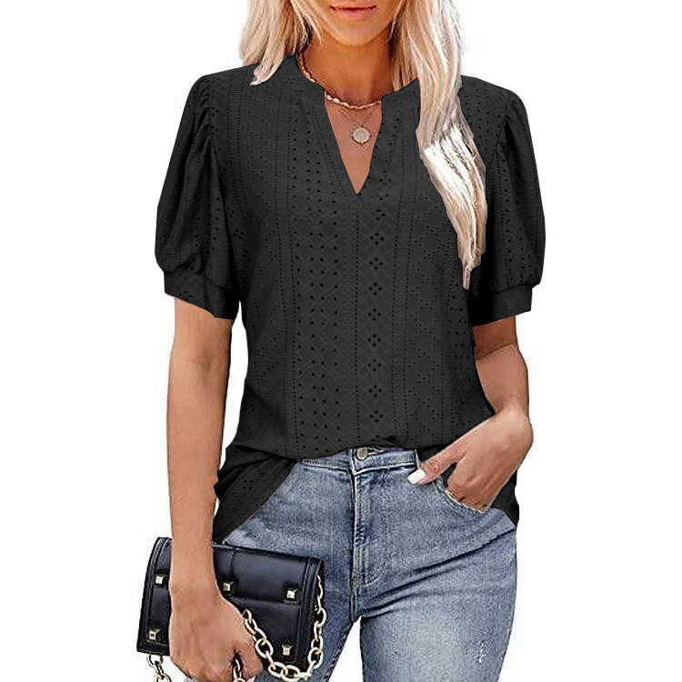 Casual V-neck Solid Color Hollow Puff Sleeve Loose T-shirt