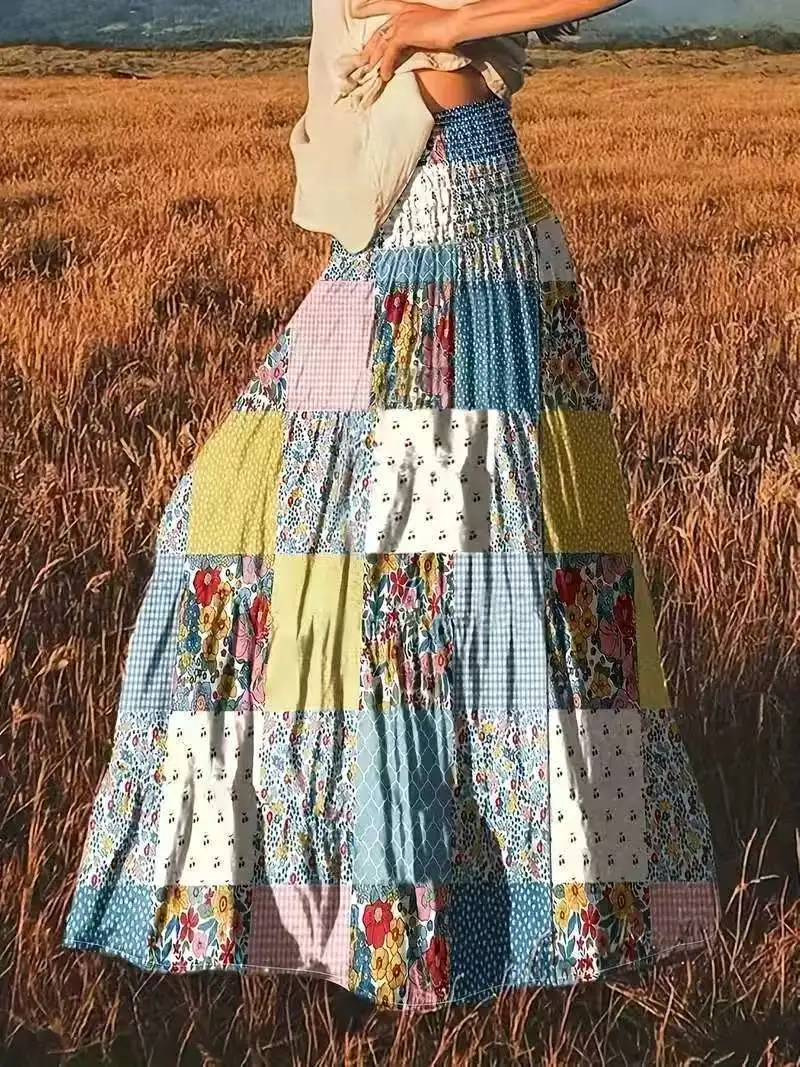 Printed Stitching Women's Popular Floral Skirt Long Skirt - Color