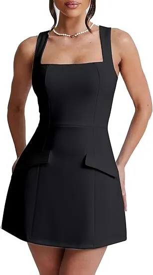 Women's Sexy Skinny Sleeveless Square Collar Mini Dress Black - Shop at LoveMi